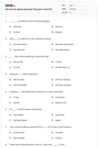 400 câu trắc nghiệm Ngữ pháp Tiếng Anh cơ bản (P9)