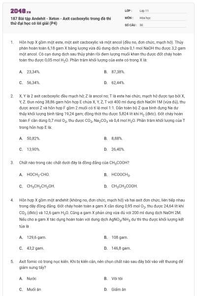 187 Bài tập Andehit - Xeton - Axit cacboxylic trong đề thi thử đại học có lời giải (P4)