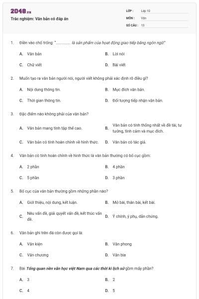 Trắc nghiệm: Văn bản có đáp án
