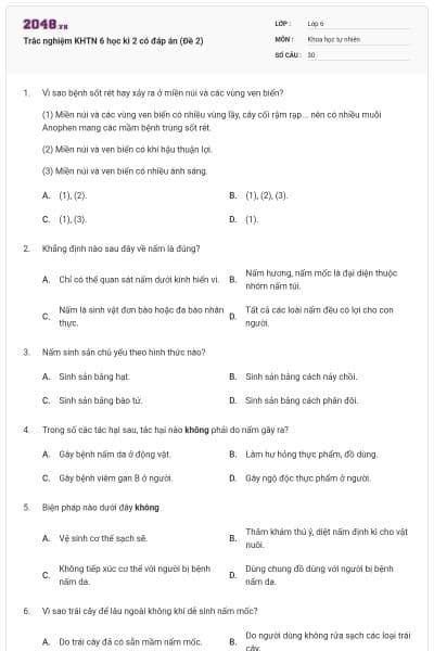 Trắc nghiệm KHTN 6 học kì 2 có đáp án (Đề 2)