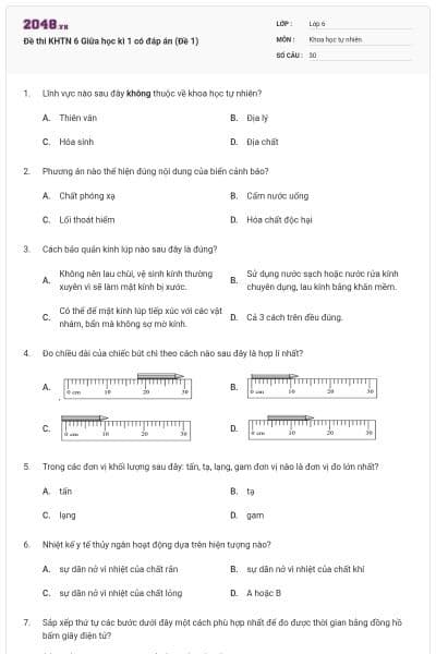 Đề thi KHTN 6 Giữa học kì 1 có đáp án (Đề 1)