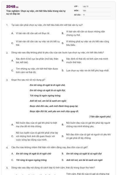 Trắc nghiệm: Chọn sự việc, chi tiết tiêu biểu trong văn tự sự có đáp án