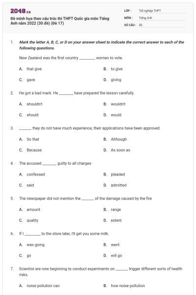 Đề minh họa theo cấu trúc thi THPT Quốc gia môn Tiếng Anh năm 2022 (30 đề) (Đề 17)