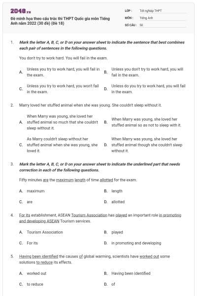 Đề minh họa theo cấu trúc thi THPT Quốc gia môn Tiếng Anh năm 2022 (30 đề) (Đề 18)
