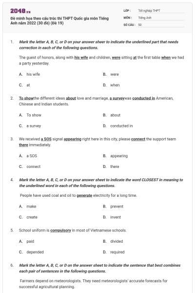 Đề minh họa theo cấu trúc thi THPT Quốc gia môn Tiếng Anh năm 2022 (30 đề) (Đề 19)