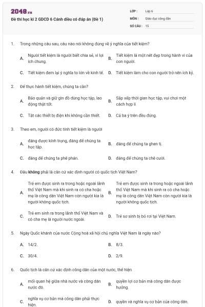 Đề thi học kì 2 GDCD 6 Cánh diều có đáp án (Đề 1)