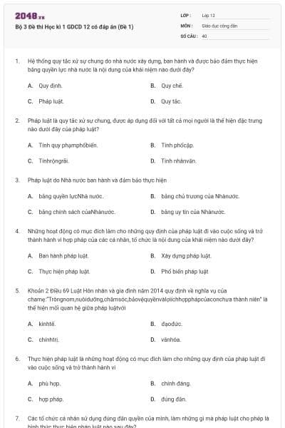 Bộ 3 Đề thi Học kì 1 GDCD 12 có đáp án (Đề 1)
