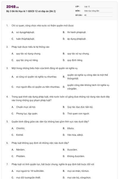 Bộ 3 Đề thi Học kì 1 GDCD 12 có đáp án (Đề 2)