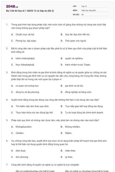 Bộ 3 Đề thi Học kì 1 GDCD 12 có đáp án (Đề 3)