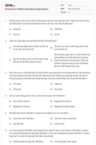 Đề thi học kì 2 GDCD 6 Cánh diều có đáp án (Đề 3)