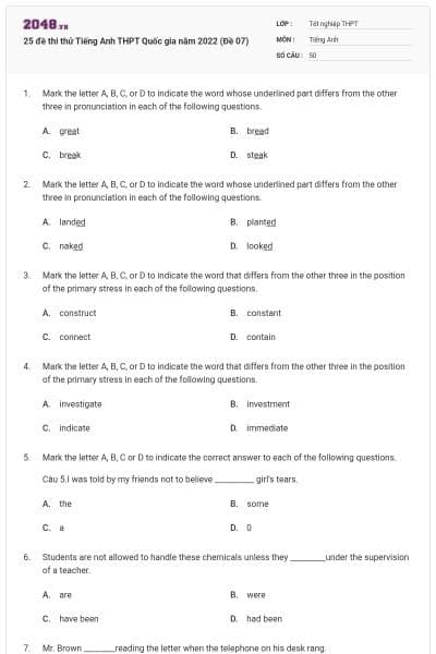 25 đề thi thử Tiếng Anh THPT Quốc gia năm 2022 (Đề 07)