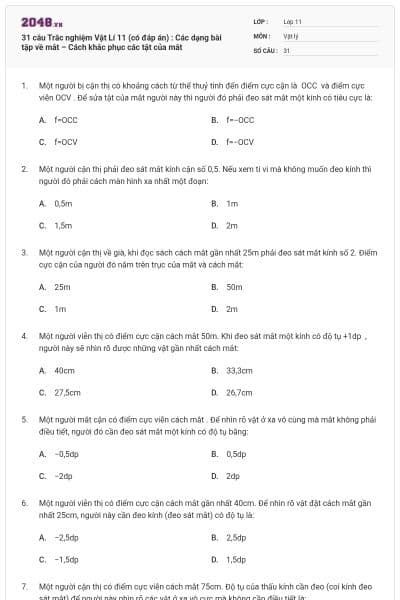 31 câu Trắc nghiệm Vật Lí 11 (có đáp án) : Các dạng bài tập về mắt – Cách khắc phục các tật của mắt
