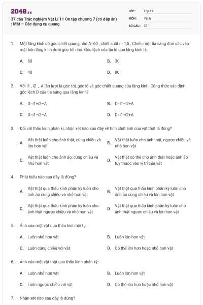 37 câu Trắc nghiệm Vật Lí 11 Ôn tập chương 7 (có đáp án) : Mắt – Các dụng cụ quang