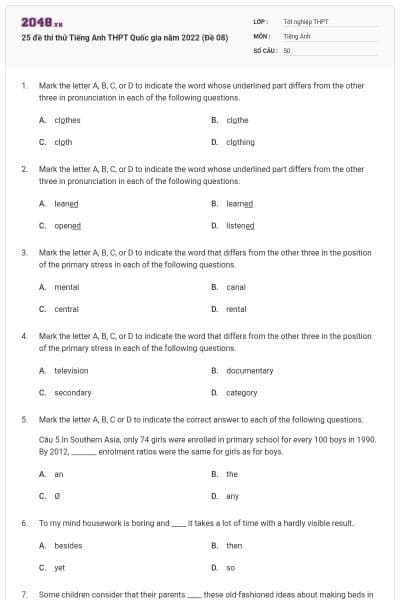 25 đề thi thử Tiếng Anh THPT Quốc gia năm 2022 (Đề 08)