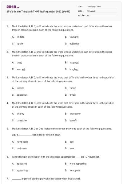25 đề thi thử Tiếng Anh THPT Quốc gia năm 2022 (Đề 09)