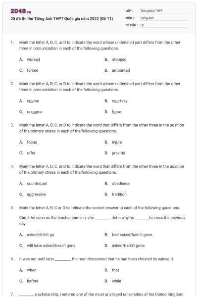 25 đề thi thử Tiếng Anh THPT Quốc gia năm 2022 (Đề 11)