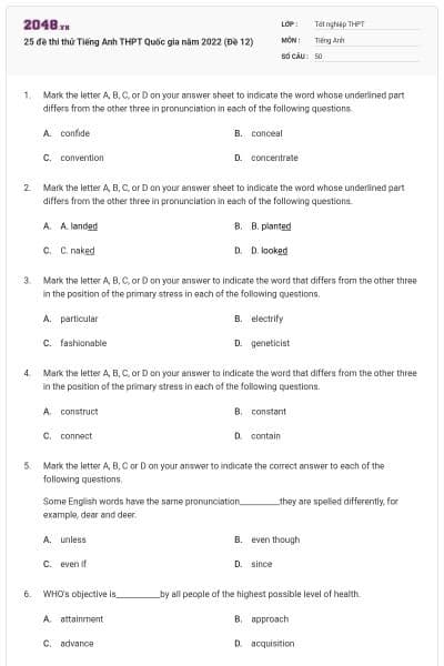 25 đề thi thử Tiếng Anh THPT Quốc gia năm 2022 (Đề 12)