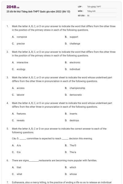 25 đề thi thử Tiếng Anh THPT Quốc gia năm 2022 (Đề 13)