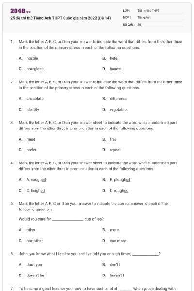 25 đề thi thử Tiếng Anh THPT Quốc gia năm 2022 (Đề 14)