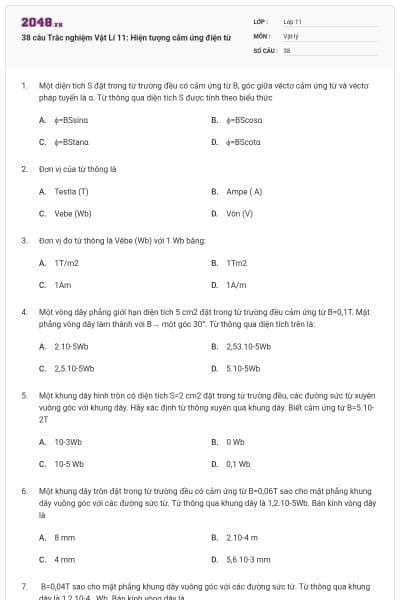 38 câu Trắc nghiệm Vật Lí 11: Hiện tượng cảm ứng điện từ