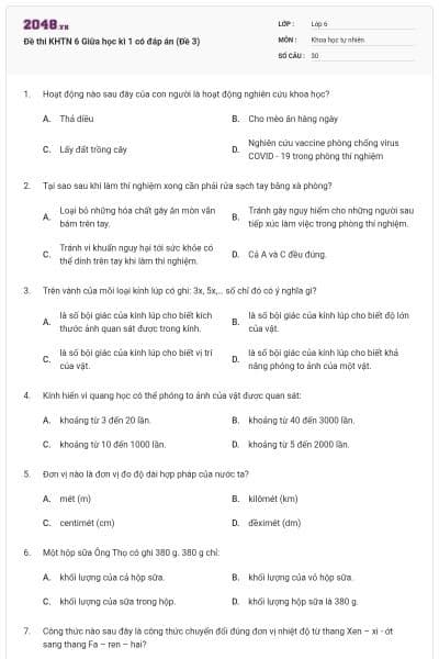 Đề thi KHTN 6 Giữa học kì 1 có đáp án (Đề 3)