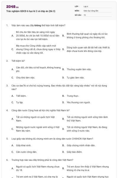 Trắc nghiệm GDCD 6 học kì 2 có đáp án (Đề 3)
