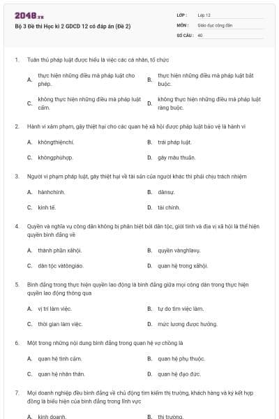 Bộ 3 Đề thi Học kì 2 GDCD 12 có đáp án (Đề 2)