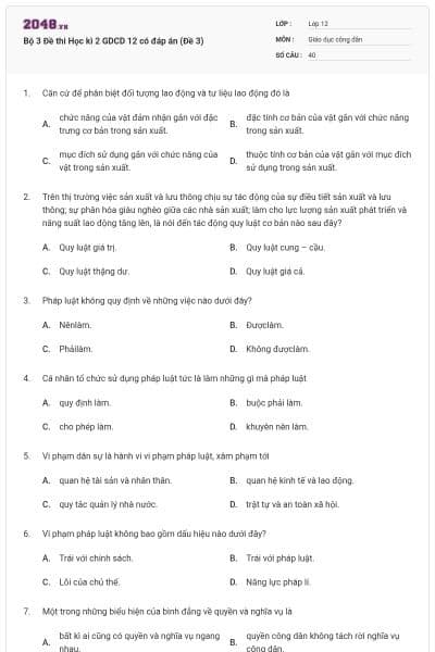 Bộ 3 Đề thi Học kì 2 GDCD 12 có đáp án (Đề 3)