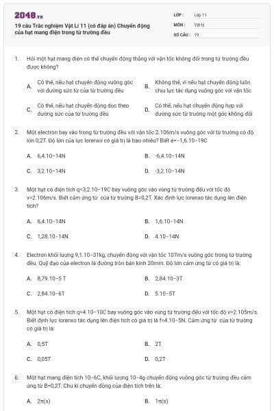 19 câu Trắc nghiệm Vật Lí 11 (có đáp án) Chuyển động của hạt mang điện trong từ trường đều