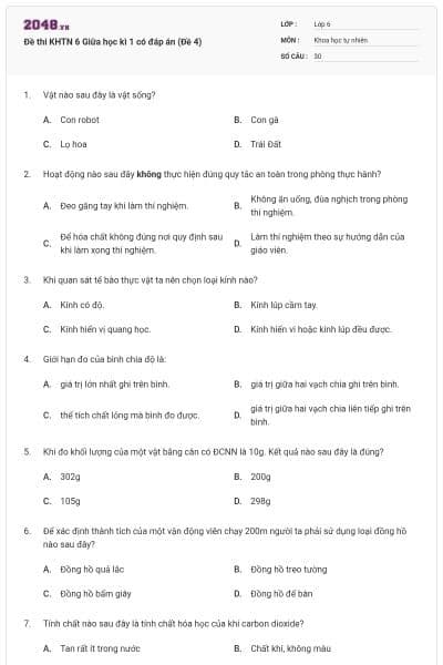 Đề thi KHTN 6 Giữa học kì 1 có đáp án (Đề 4)