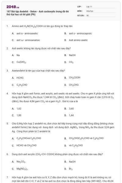 187 Bài tập Andehit - Xeton - Axit cacboxylic trong đề thi thử đại học có lời giải (P6)