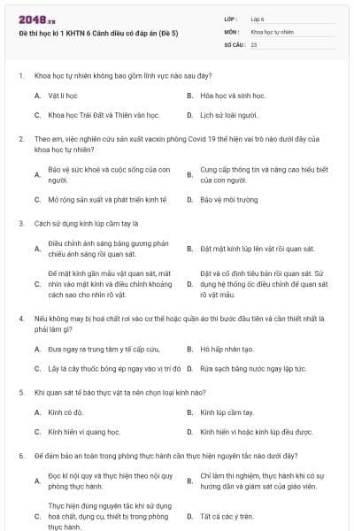 Đề thi học kì 1 KHTN 6 Cánh diều có đáp án (Đề 5)