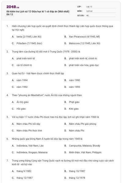 Đề kiểm tra Lịch sử 12 Giữa học kì 1 có đáp án (Mới nhất) Đề 13