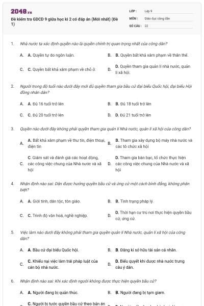 Đề kiểm tra GDCD 9 giữa học kì 2 có đáp án (Mới nhất) (Đề 1)