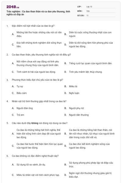 Trắc nghiệm : Ca dao than thân và ca dao yêu thương, tình nghĩa có đáp án