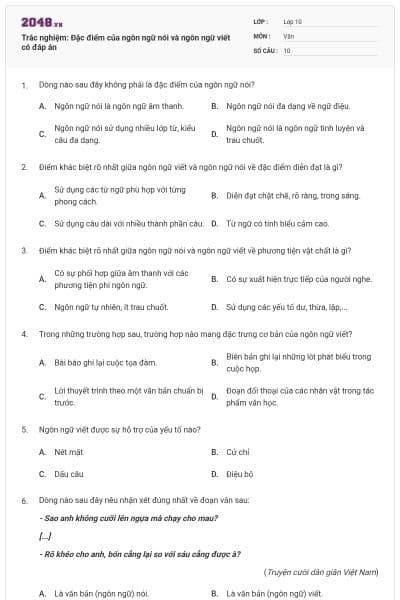 Trắc nghiệm: Đặc điểm của ngôn ngữ nói và ngôn ngữ viết có đáp án