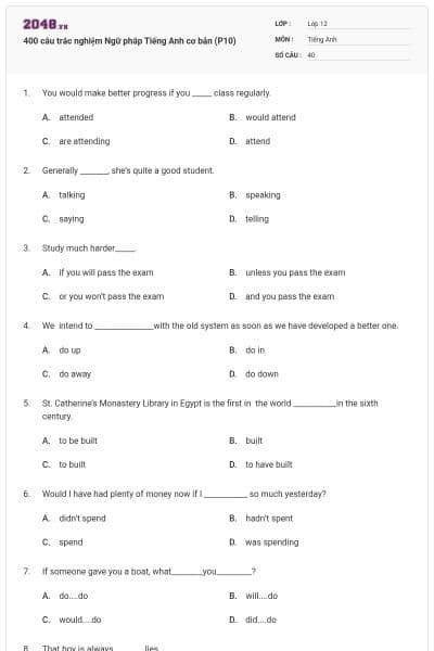 400 câu trắc nghiệm Ngữ pháp Tiếng Anh cơ bản (P10)