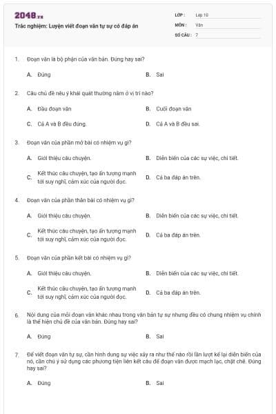Trắc nghiệm: Luyện viết đoạn văn tự sự có đáp án
