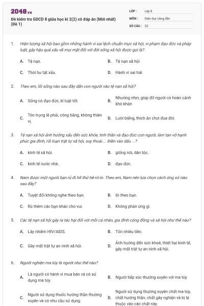 Đề kiểm tra GDCD 8 giữa học kì 2(2) có đáp án (Mới nhất) (Đề 1)