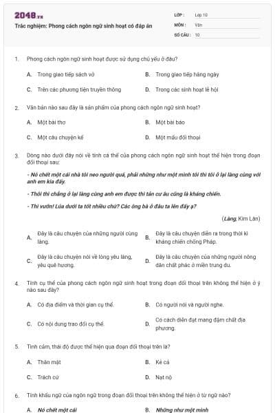 Trắc nghiệm: Phong cách ngôn ngữ sinh hoạt có đáp án