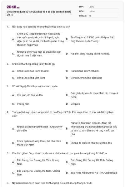 Đề kiểm tra Lịch sử 12 Giữa học kì 1 có đáp án (Mới nhất) Đề 17