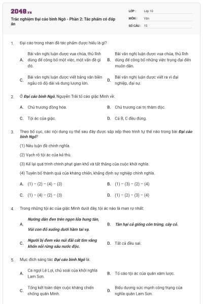 Trắc nghiệm Đại cáo bình Ngô - Phần 2: Tác phẩm có đáp án