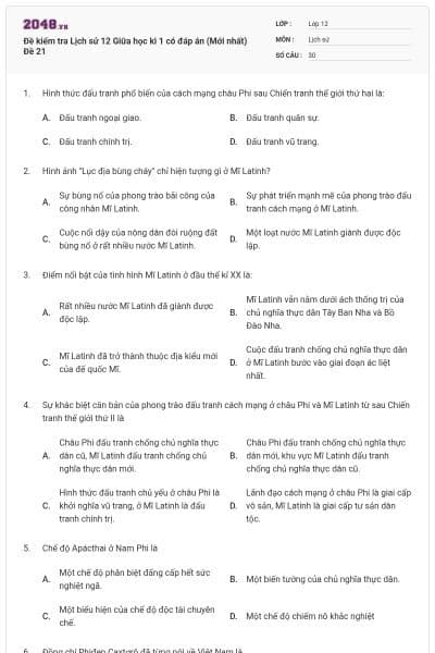 Đề kiểm tra Lịch sử 12 Giữa học kì 1 có đáp án (Mới nhất) Đề 21