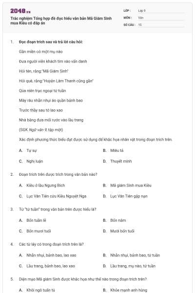 Trắc nghiệm Tổng hợp đề đọc hiểu văn bản Mã Giám Sinh mua Kiều có đáp án