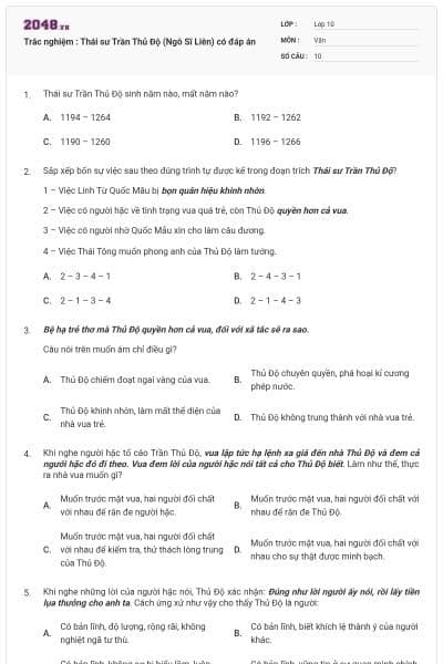 Trắc nghiệm : Thái sư Trần Thủ Độ (Ngô Sĩ Liên) có đáp án