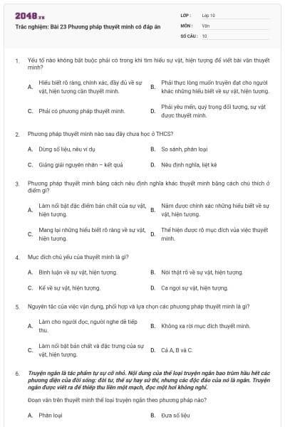 Trắc nghiệm: Bài 23 Phương pháp thuyết minh có đáp án
