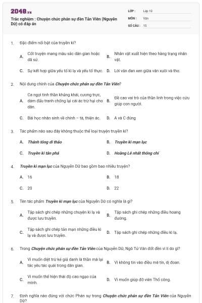 Trắc nghiệm : Chuyện chức phán sự đền Tản Viên (Nguyễn Dữ) có đáp án