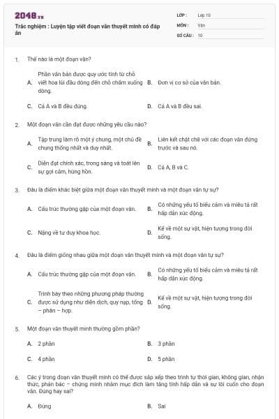 Trắc nghiệm : Luyện tập viết đoạn văn thuyết minh có đáp án