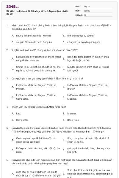 Đề kiểm tra Lịch sử 12 Giữa học kì 1 có đáp án (Mới nhất) Đề 22