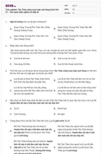 Trắc nghiệm: Tào Tháo uống rượu luận anh hùng (trích hồi 21 - Tam quốc diễn nghĩa) có đáp án